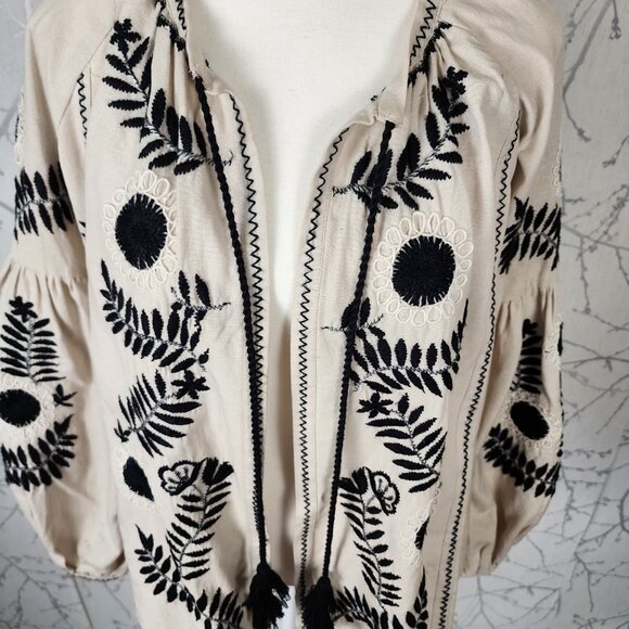 Zara Beige Floral Embroidered Cotton Linen Tassel Lantern Sleeve Jacket - Picture 2 of 8